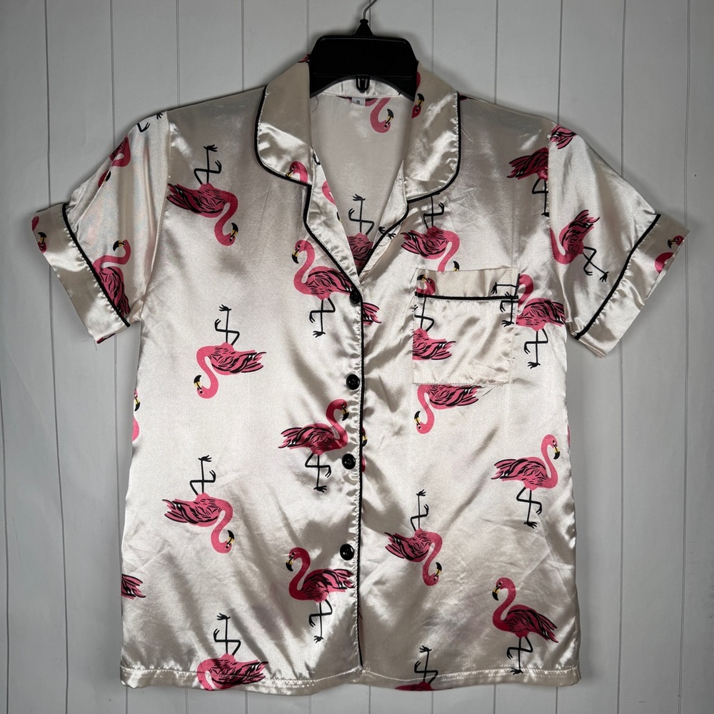 Flamingo Print Satin Button‎ Front Pajama Shirt Women’s Sleepwear Top size Small